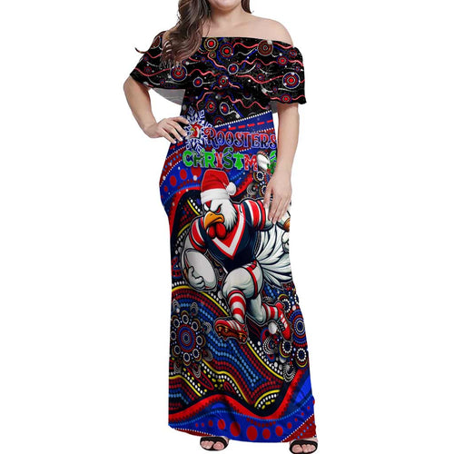 Merry Christmas Sydney Roosters Off Shoulder Maxi Dress Aboriginal Santa Rugby Mascot - Tricolours