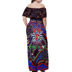 Merry Christmas Sydney Roosters Off Shoulder Maxi Dress Aboriginal Santa Rugby Mascot - Tricolours