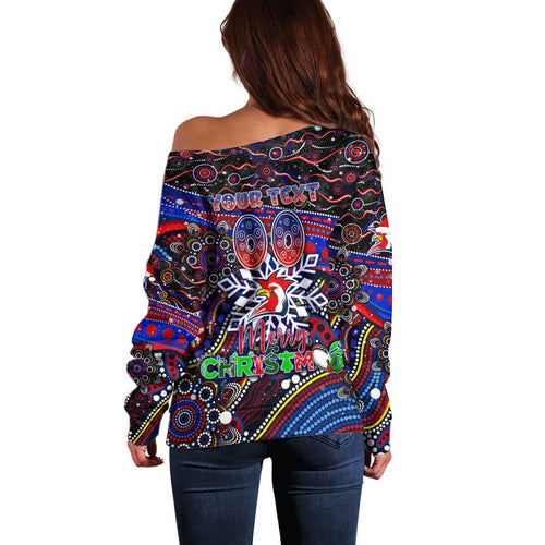 Merry Christmas Sydney Roosters Off Shoulder Sweater Aboriginal Santa Rugby Mascot - Tricolours