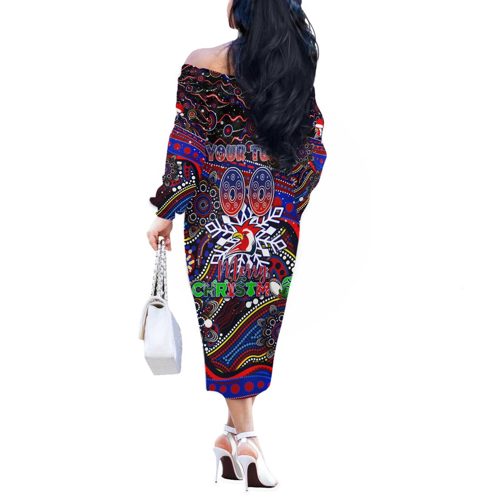 Merry Christmas Sydney Roosters Off The Shoulder Long Sleeve Dress Aboriginal Santa Rugby Mascot - Tricolours