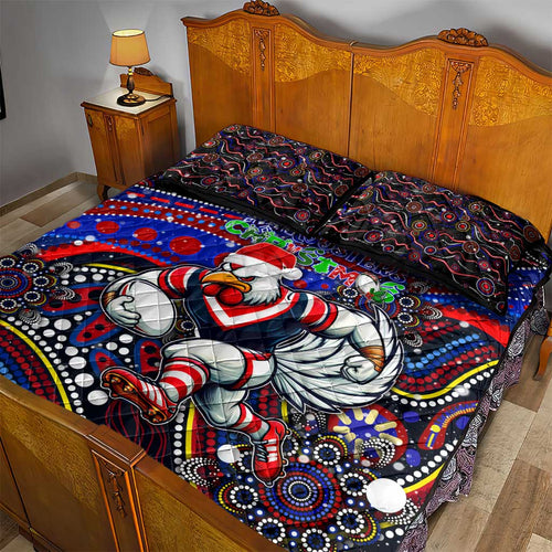 Merry Christmas Sydney Roosters Quilt Bed Set Aboriginal Santa Rugby Mascot - Tricolours