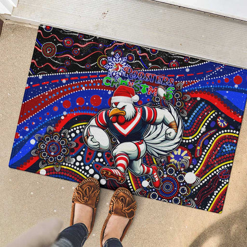 Merry Christmas Sydney Roosters Rubber Doormat Aboriginal Santa Rugby Mascot - Tricolours