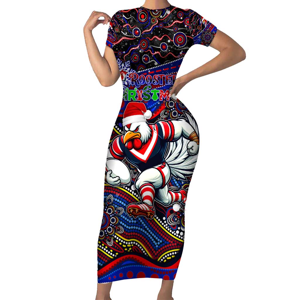 Merry Christmas Sydney Roosters Short Sleeve Bodycon Dress Aboriginal Santa Rugby Mascot - Tricolours