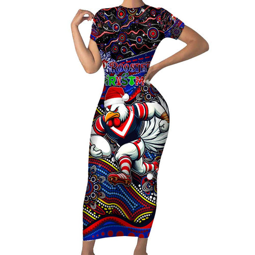 Merry Christmas Sydney Roosters Short Sleeve Bodycon Dress Aboriginal Santa Rugby Mascot - Tricolours