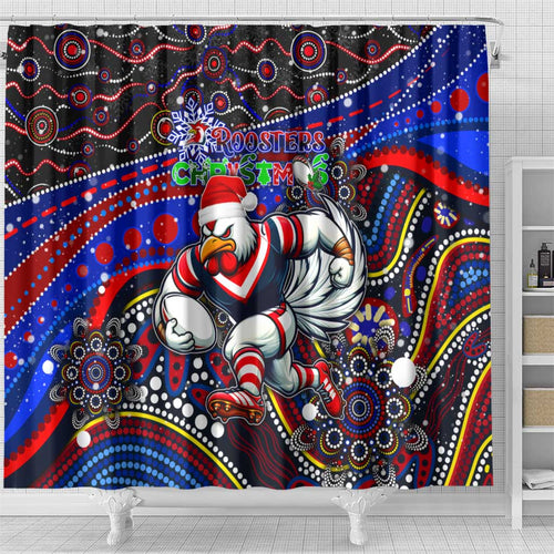 Merry Christmas Sydney Roosters Shower Curtain Aboriginal Santa Rugby Mascot - Tricolours