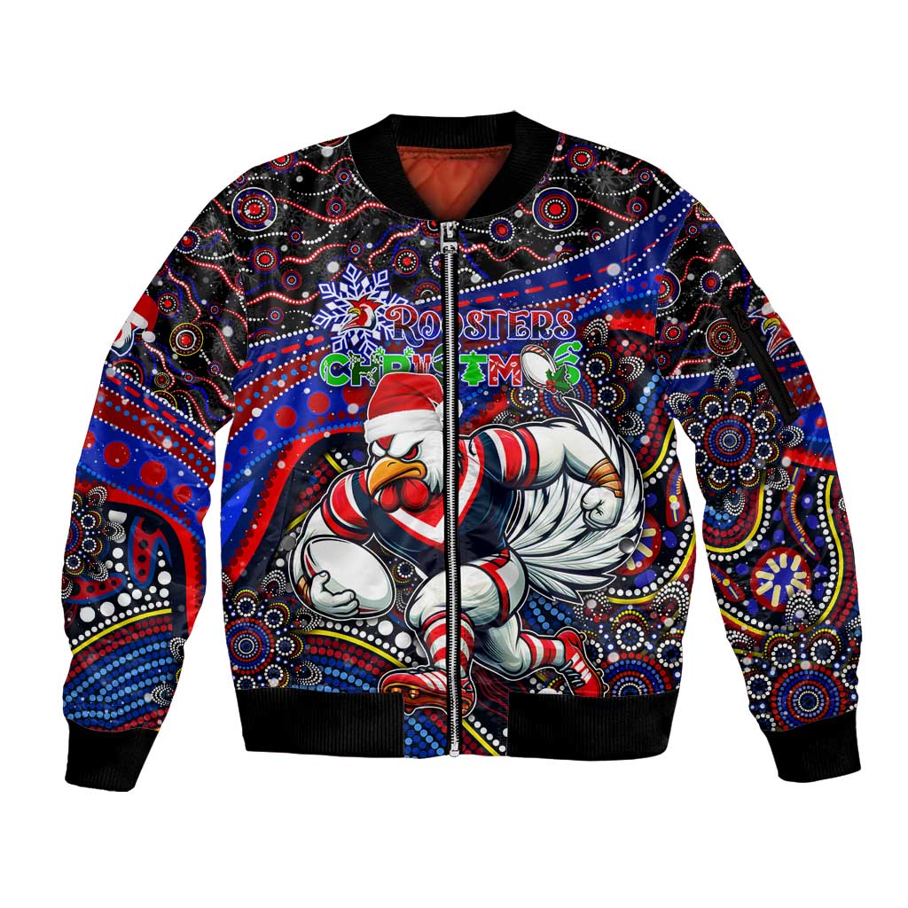 Merry Christmas Sydney Roosters Sleeve Zip Bomber Jacket Aboriginal Santa Rugby Mascot - Tricolours
