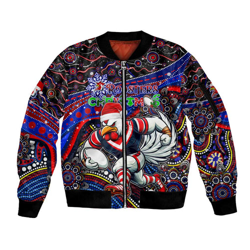 Merry Christmas Sydney Roosters Sleeve Zip Bomber Jacket Aboriginal Santa Rugby Mascot - Tricolours