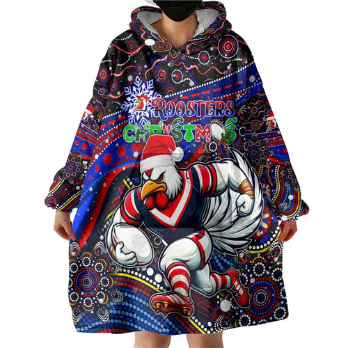 Merry Christmas Sydney Roosters Wearable Blanket Hoodie Aboriginal Santa Rugby Mascot - Tricolours