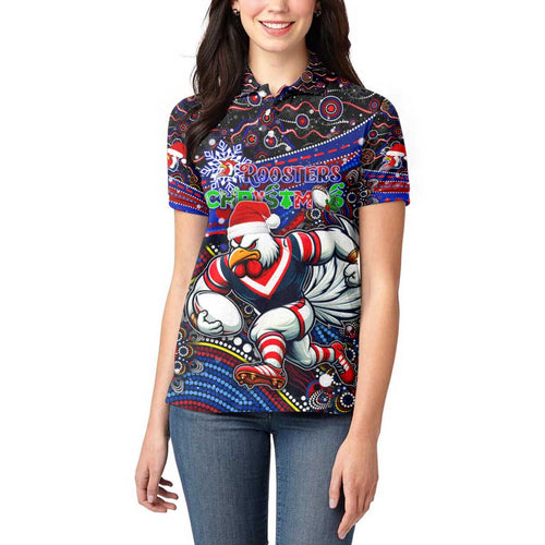 Merry Christmas Sydney Roosters Women Polo Shirt Aboriginal Santa Rugby Mascot - Tricolours