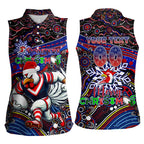 Merry Christmas Sydney Roosters Women Sleeveless Polo Shirt Aboriginal Santa Rugby Mascot - Tricolours
