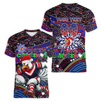 Merry Christmas Sydney Roosters Women V-Neck T-Shirt Aboriginal Santa Rugby Mascot - Tricolours