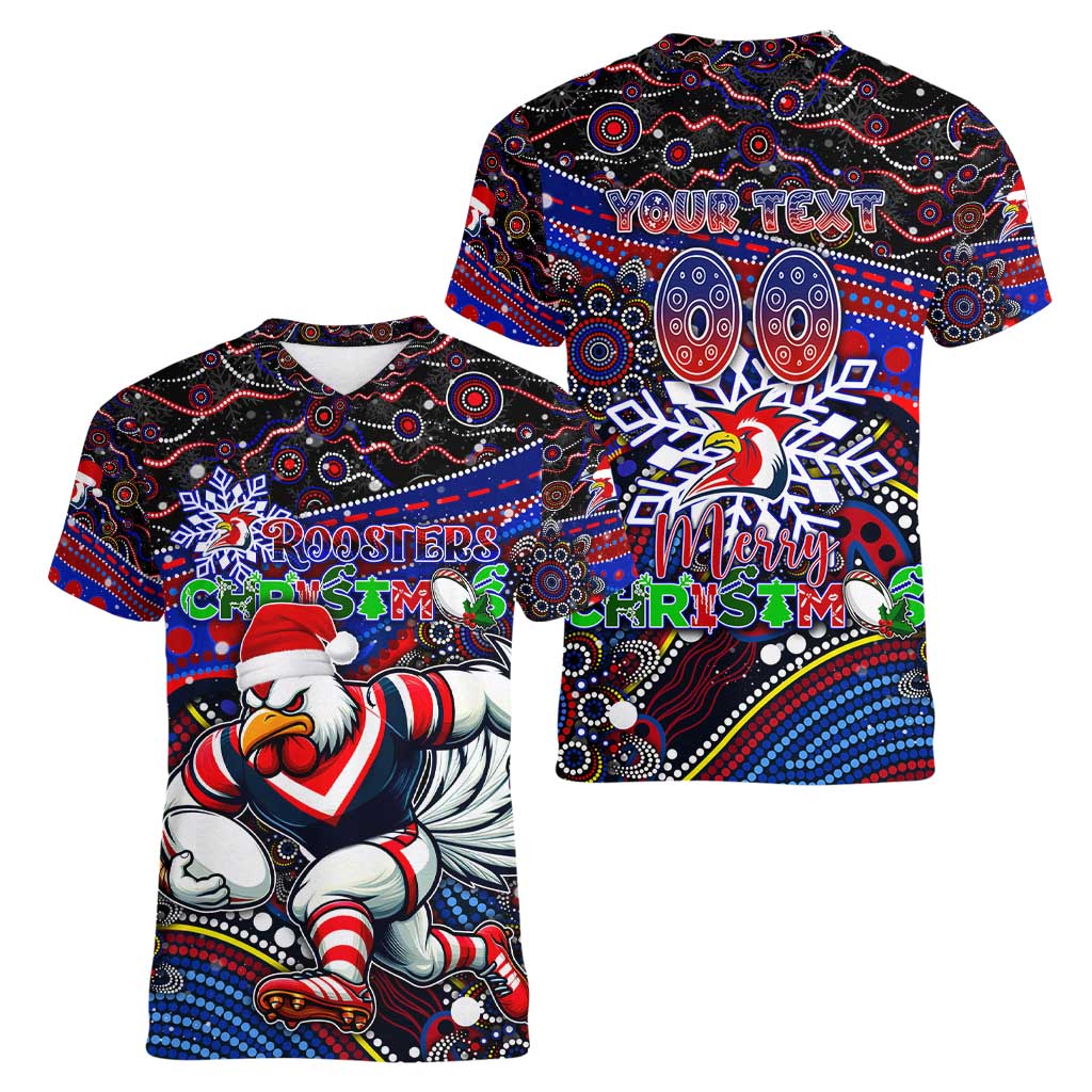 Merry Christmas Sydney Roosters Women V-Neck T-Shirt Aboriginal Santa Rugby Mascot - Tricolours