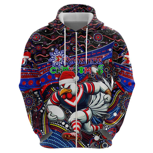 Merry Christmas Sydney Roosters Zip Hoodie Aboriginal Santa Rugby Mascot - Tricolours