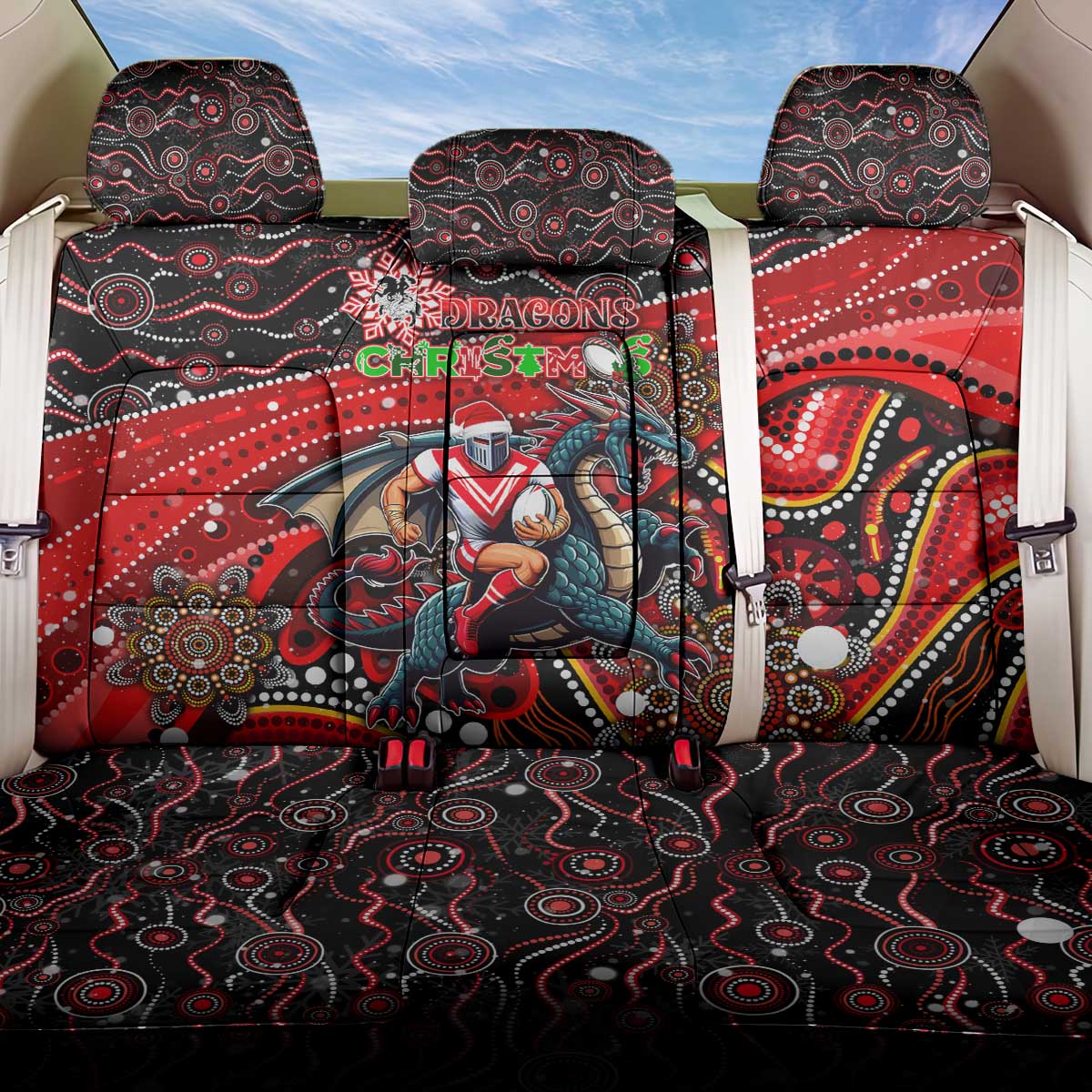 Merry Christmas Dragons Back Car Seat Cover Aboriginal Santa Rugby Mascot - St George Illawarra
