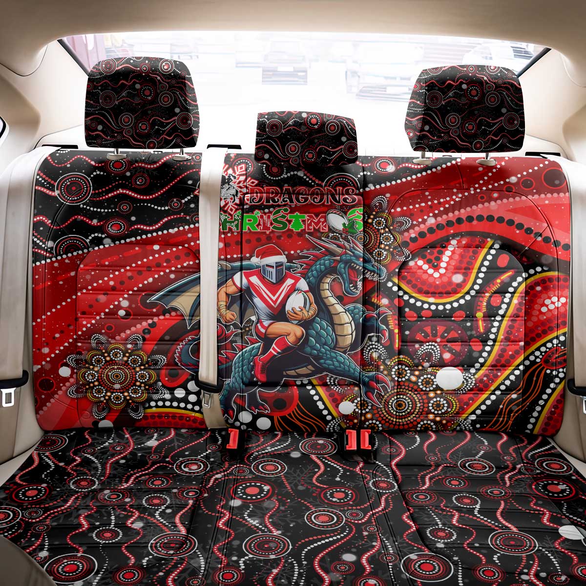 Merry Christmas Dragons Back Car Seat Cover Aboriginal Santa Rugby Mascot - St George Illawarra
