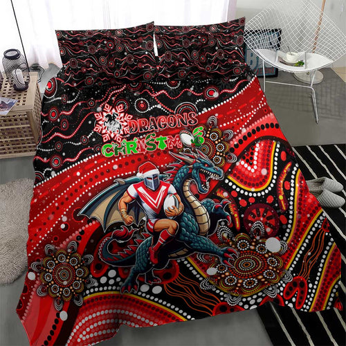 Merry Christmas Dragons Bedding Set Aboriginal Santa Rugby Mascot - St George Illawarra
