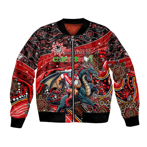 Merry Christmas Dragons Bomber Jacket Aboriginal Santa Rugby Mascot - St George Illawarra