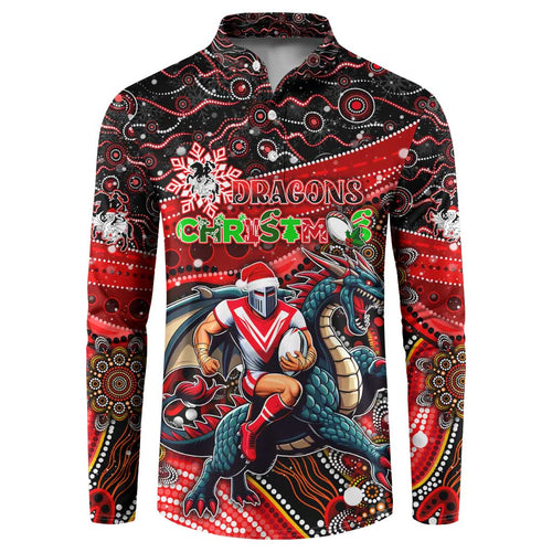 Merry Christmas Dragons Button Sweatshirt Aboriginal Santa Rugby Mascot - St George Illawarra