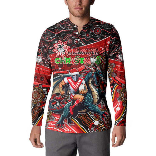 Merry Christmas Dragons Button Sweatshirt Aboriginal Santa Rugby Mascot - St George Illawarra
