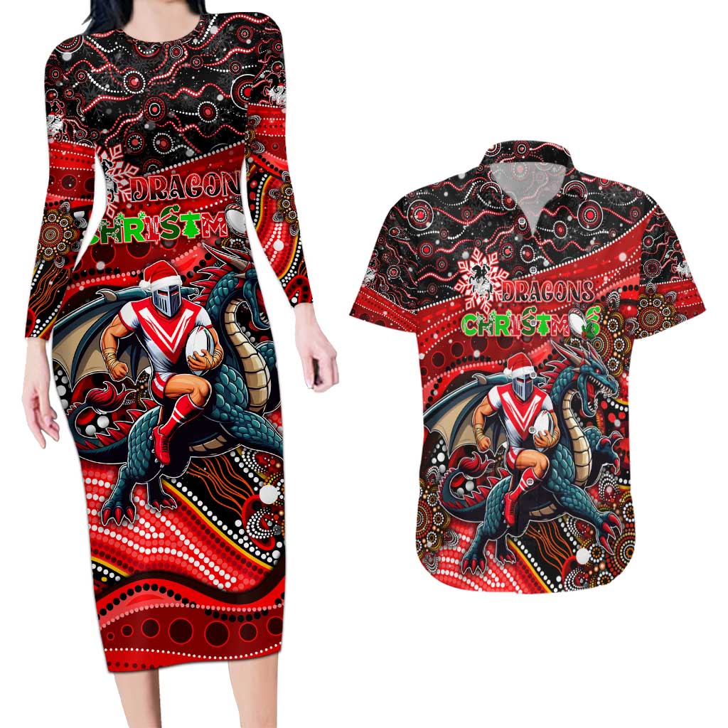 Merry Christmas Dragons Couples Matching Long Sleeve Bodycon Dress and Hawaiian Shirt Aboriginal Santa Rugby Mascot - St George Illawarra