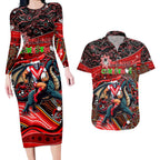 Merry Christmas Dragons Couples Matching Long Sleeve Bodycon Dress and Hawaiian Shirt Aboriginal Santa Rugby Mascot - St George Illawarra