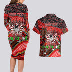 Merry Christmas Dragons Couples Matching Long Sleeve Bodycon Dress and Hawaiian Shirt Aboriginal Santa Rugby Mascot - St George Illawarra