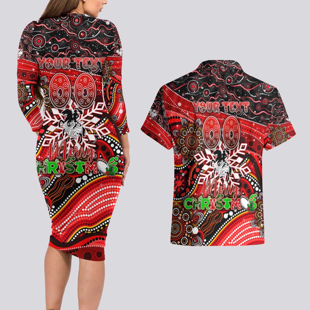 Merry Christmas Dragons Couples Matching Long Sleeve Bodycon Dress and Hawaiian Shirt Aboriginal Santa Rugby Mascot - St George Illawarra