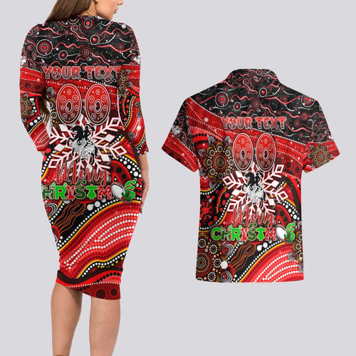 Merry Christmas Dragons Couples Matching Long Sleeve Bodycon Dress and Hawaiian Shirt Aboriginal Santa Rugby Mascot - St George Illawarra