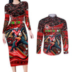 Merry Christmas Dragons Couples Matching Long Sleeve Bodycon Dress and Long Sleeve Button Shirt Aboriginal Santa Rugby Mascot - St George Illawarra