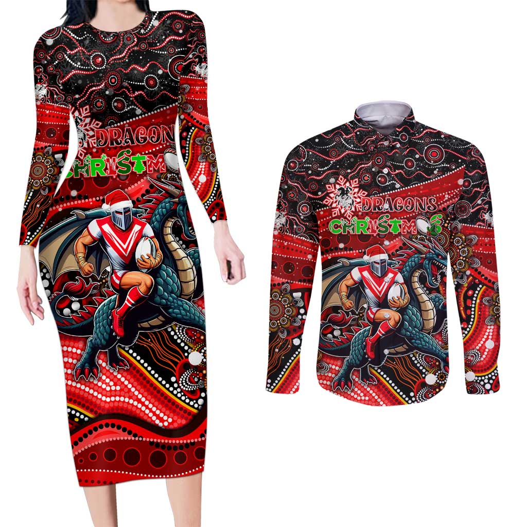 Merry Christmas Dragons Couples Matching Long Sleeve Bodycon Dress and Long Sleeve Button Shirt Aboriginal Santa Rugby Mascot - St George Illawarra