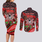 Merry Christmas Dragons Couples Matching Long Sleeve Bodycon Dress and Long Sleeve Button Shirt Aboriginal Santa Rugby Mascot - St George Illawarra