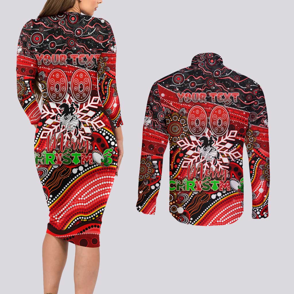Merry Christmas Dragons Couples Matching Long Sleeve Bodycon Dress and Long Sleeve Button Shirt Aboriginal Santa Rugby Mascot - St George Illawarra