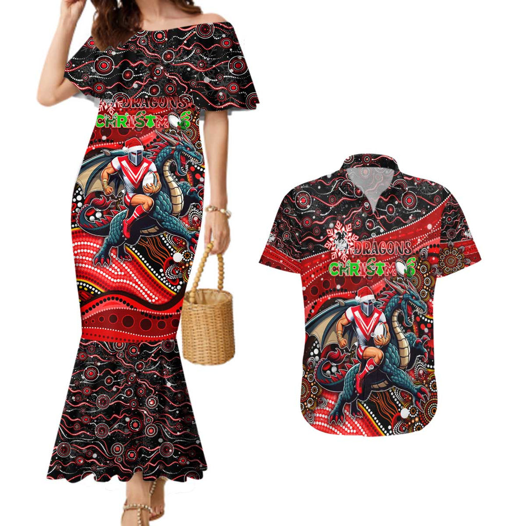 Merry Christmas Dragons Couples Matching Mermaid Dress and Hawaiian Shirt Aboriginal Santa Rugby Mascot - St George Illawarra