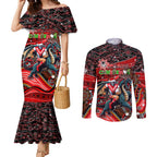 Merry Christmas Dragons Couples Matching Mermaid Dress and Long Sleeve Button Shirt Aboriginal Santa Rugby Mascot - St George Illawarra