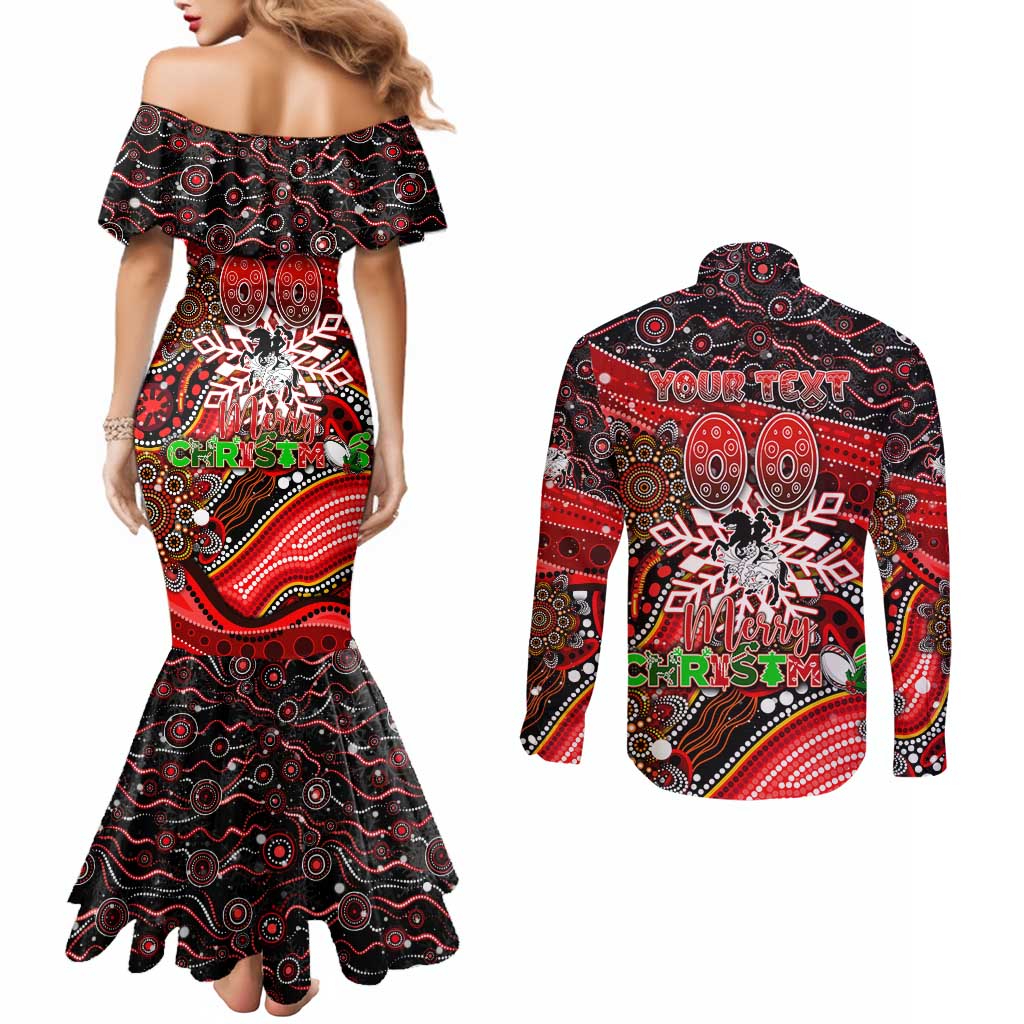 Merry Christmas Dragons Couples Matching Mermaid Dress and Long Sleeve Button Shirt Aboriginal Santa Rugby Mascot - St George Illawarra