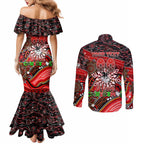 Merry Christmas Dragons Couples Matching Mermaid Dress and Long Sleeve Button Shirt Aboriginal Santa Rugby Mascot - St George Illawarra
