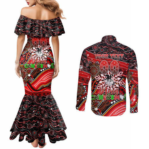 Merry Christmas Dragons Couples Matching Mermaid Dress and Long Sleeve Button Shirt Aboriginal Santa Rugby Mascot - St George Illawarra