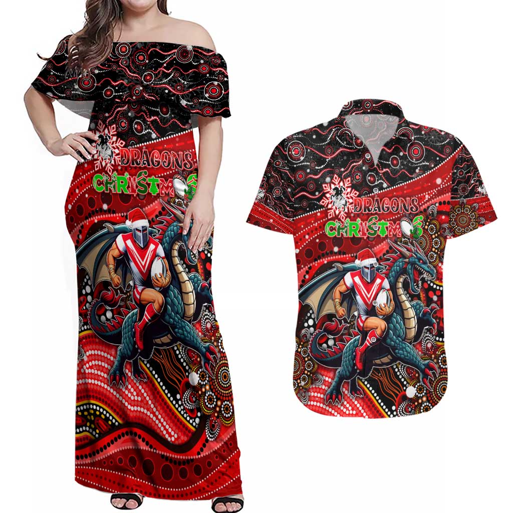 Merry Christmas Dragons Couples Matching Off Shoulder Maxi Dress and Hawaiian Shirt Aboriginal Santa Rugby Mascot - St George Illawarra