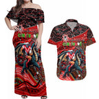 Merry Christmas Dragons Couples Matching Off Shoulder Maxi Dress and Hawaiian Shirt Aboriginal Santa Rugby Mascot - St George Illawarra