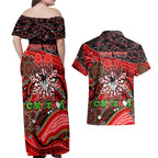 Merry Christmas Dragons Couples Matching Off Shoulder Maxi Dress and Hawaiian Shirt Aboriginal Santa Rugby Mascot - St George Illawarra