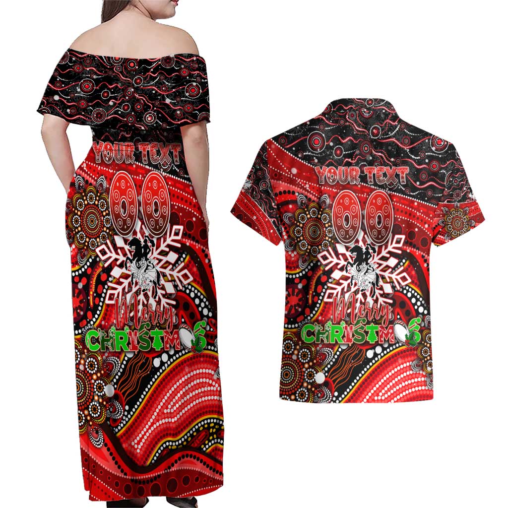 Merry Christmas Dragons Couples Matching Off Shoulder Maxi Dress and Hawaiian Shirt Aboriginal Santa Rugby Mascot - St George Illawarra