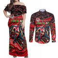 Merry Christmas Dragons Couples Matching Off Shoulder Maxi Dress and Long Sleeve Button Shirt Aboriginal Santa Rugby Mascot - St George Illawarra