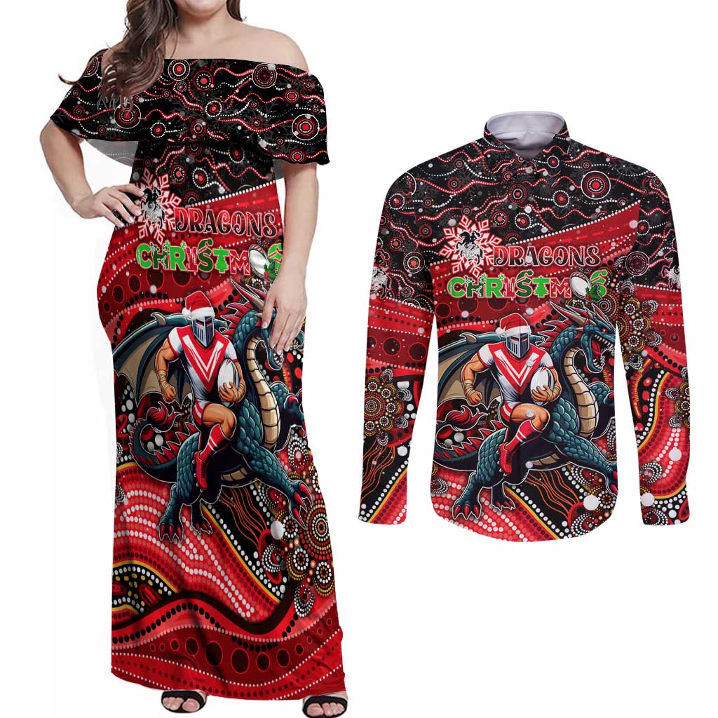 Merry Christmas Dragons Couples Matching Off Shoulder Maxi Dress and Long Sleeve Button Shirt Aboriginal Santa Rugby Mascot - St George Illawarra