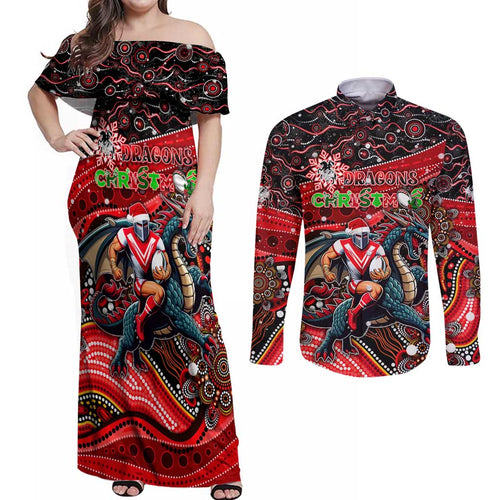 Merry Christmas Dragons Couples Matching Off Shoulder Maxi Dress and Long Sleeve Button Shirt Aboriginal Santa Rugby Mascot - St George Illawarra