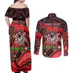 Merry Christmas Dragons Couples Matching Off Shoulder Maxi Dress and Long Sleeve Button Shirt Aboriginal Santa Rugby Mascot - St George Illawarra