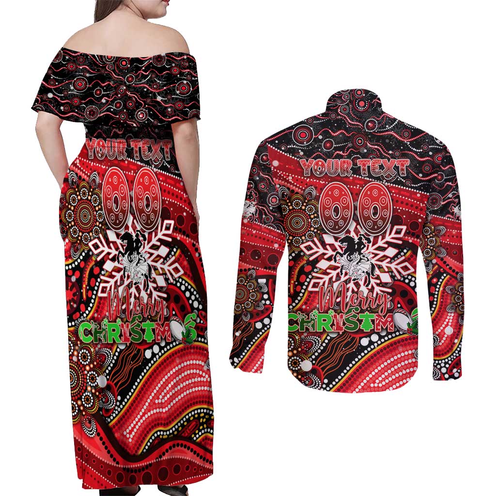 Merry Christmas Dragons Couples Matching Off Shoulder Maxi Dress and Long Sleeve Button Shirt Aboriginal Santa Rugby Mascot - St George Illawarra