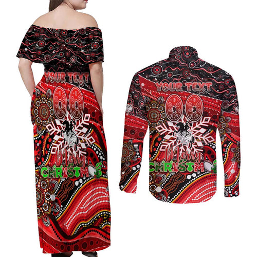 Merry Christmas Dragons Couples Matching Off Shoulder Maxi Dress and Long Sleeve Button Shirt Aboriginal Santa Rugby Mascot - St George Illawarra