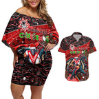 Merry Christmas Dragons Couples Matching Off Shoulder Short Dress and Hawaiian Shirt Aboriginal Santa Rugby Mascot - St George Illawarra