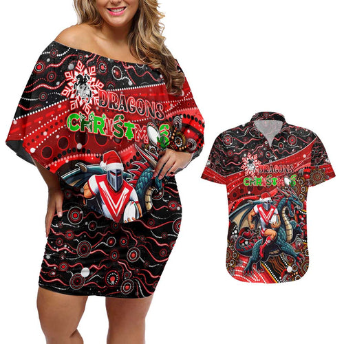 Merry Christmas Dragons Couples Matching Off Shoulder Short Dress and Hawaiian Shirt Aboriginal Santa Rugby Mascot - St George Illawarra