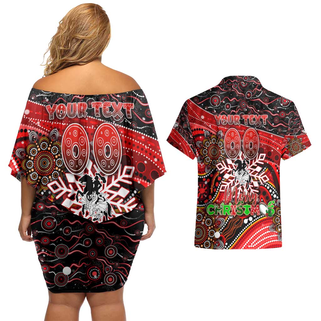 Merry Christmas Dragons Couples Matching Off Shoulder Short Dress and Hawaiian Shirt Aboriginal Santa Rugby Mascot - St George Illawarra